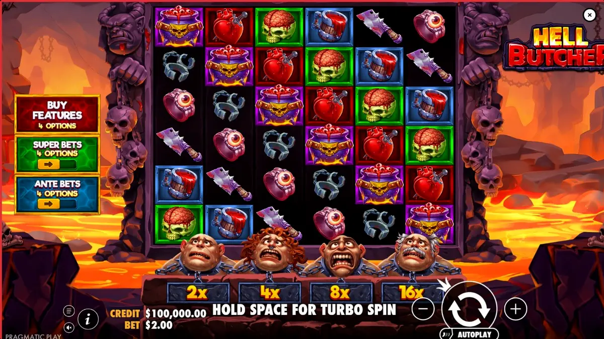 Interface do jogo de slot Hell Butcher com símbolos temáticos de horror