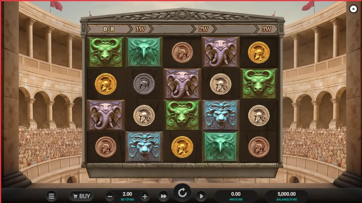 Gladiador romano em frente ao Coliseu no slot Arena of Fortune